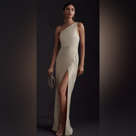 BHLDN Dylan One-Shoulder Satin Side-Slit Gown Champagne Womens Sz 8 - Picture 1 of 16
